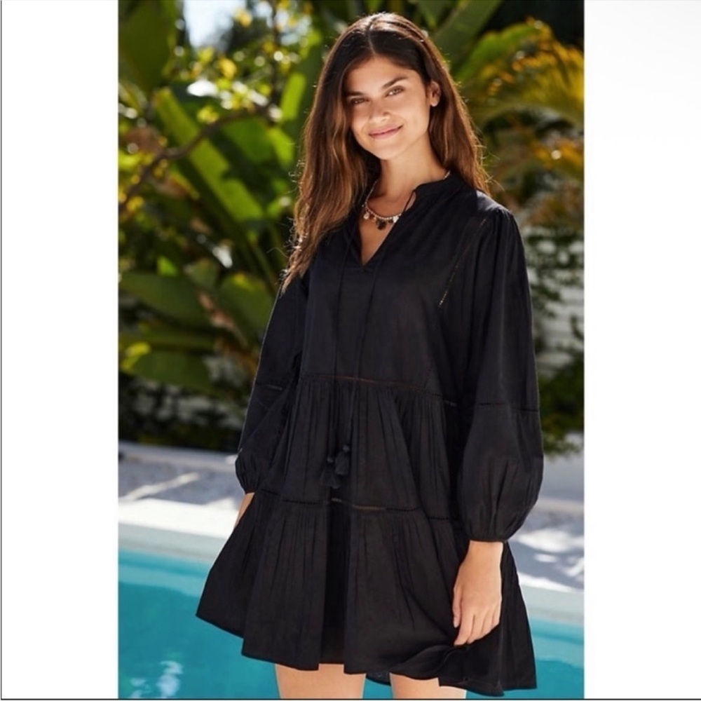 Anthropologie Seafolly Black Cotton Cover Up Mini Dress M/L Resort Vacation NWT
